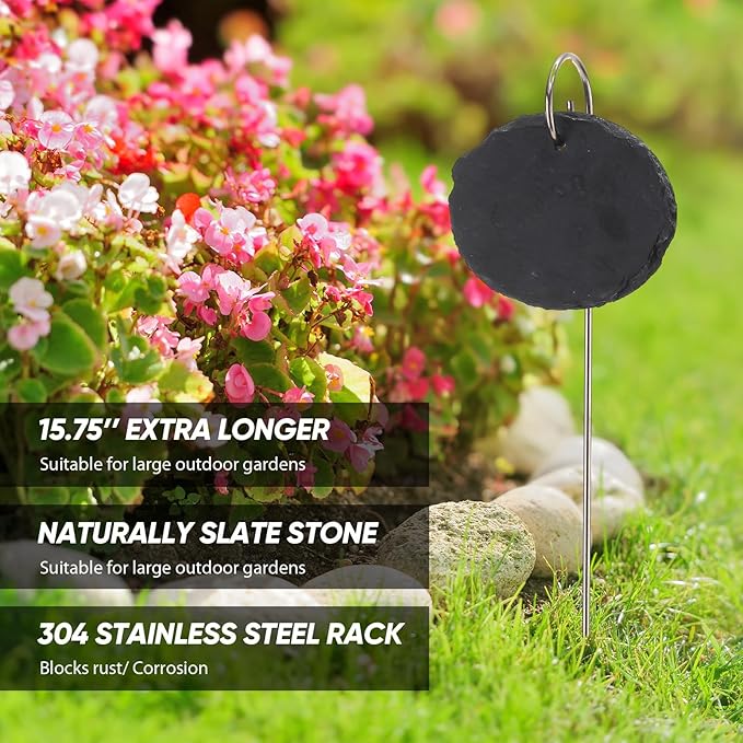 12 Sets Plant Labels Slate Plant Tags Garden Sign Marker Weatherproof Reusable Natural Slate Garden Sign Hanging Tag with Metal Stake and Pen for Outdoor Flower Vegetable(Oval)