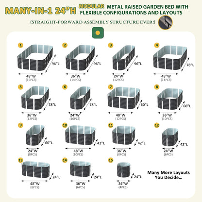 MUPATER 24''H Raised Garden Bed, 8x4FT Galvanized Raised Garden Bed W/ 3 Aluminum Support Rods, Mutli in 1 Modular Raised Planter Box Outdoor for Vegetables, Plants, Grey