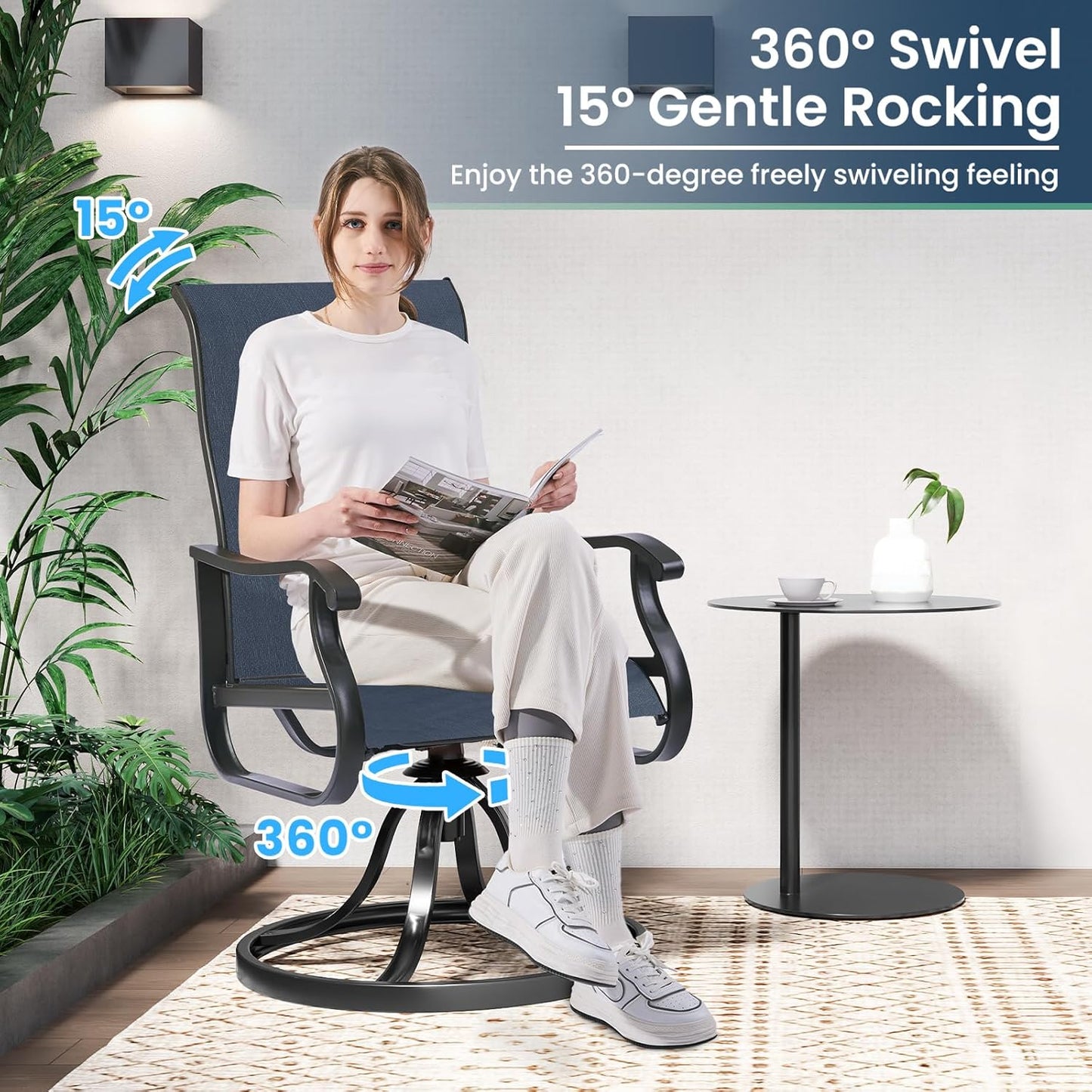 Amopatio Patio Swivel Chairs Set of 6, Outdoor Swivel Rocker Dining Chairs with All Weather Textilene High Back & Metal Frame, for Backyard Deck Lawn Garden, Navy Blue