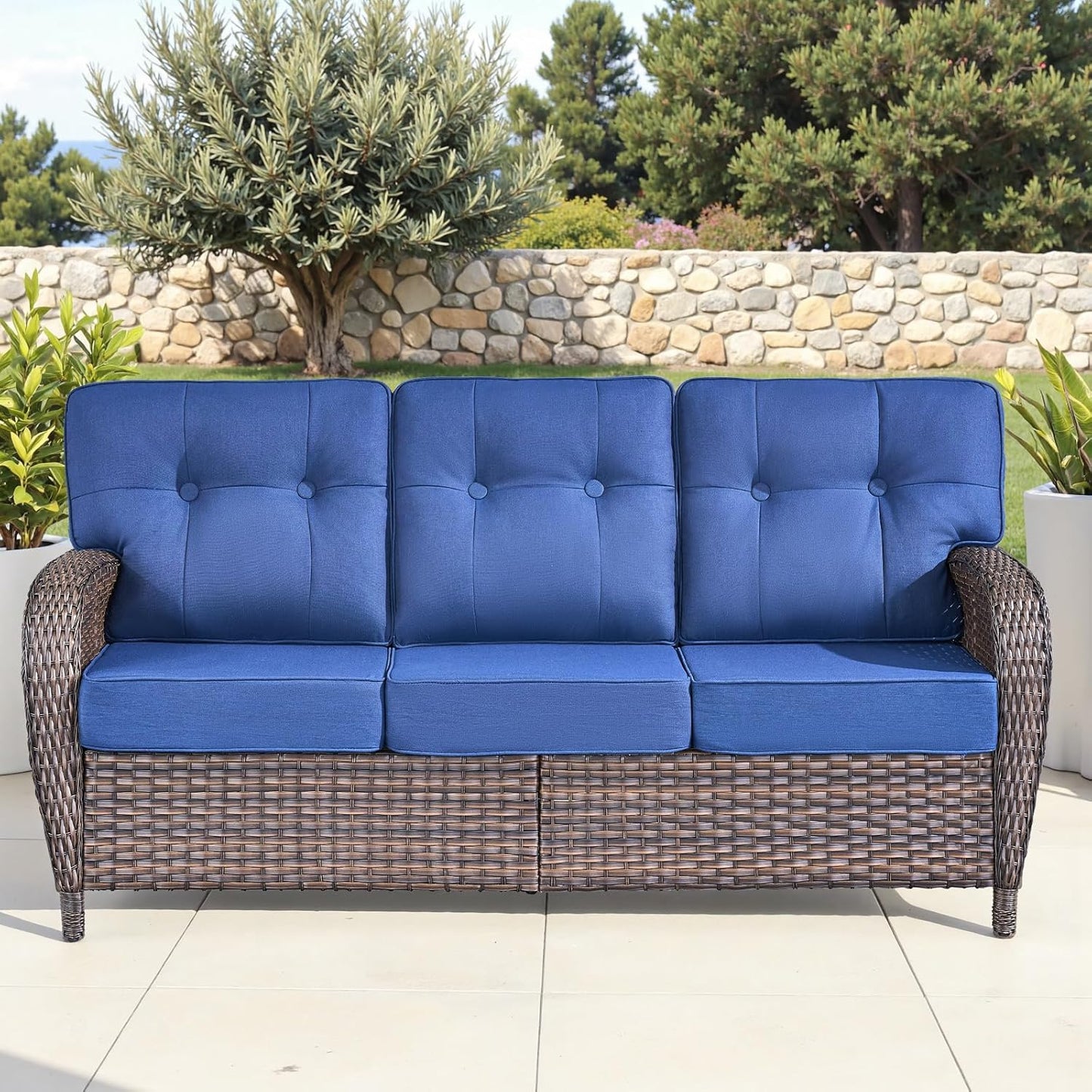 5-Piece Rotating Balcony Chair Set with 31-inch T-Shaped Wide backrest - Rattan Outdoor Rotating Balcony Chairs, Wide backrest Comfortable Outdoor Sliding Chair - Brown | Blue