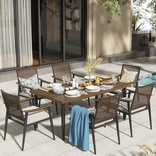 NATURAL EXPRESSIONS 7 Piece Patio Dining Set for 6 Outdoor Furniture Set, Rattan Wicker Chairs with Cushions and 65” Large Dining Table with 1.65'' Umbrella Hole for Patio, Garden, Porch, Pool, Beige