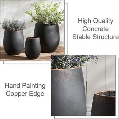 15.5" H Outdoor Concrete Planter, Round Flower Pot with Drainage Hole and Silicone Plug, Plant Container for Garden, Patio, Home, Office, Black, Copper Rim, 1 Pack