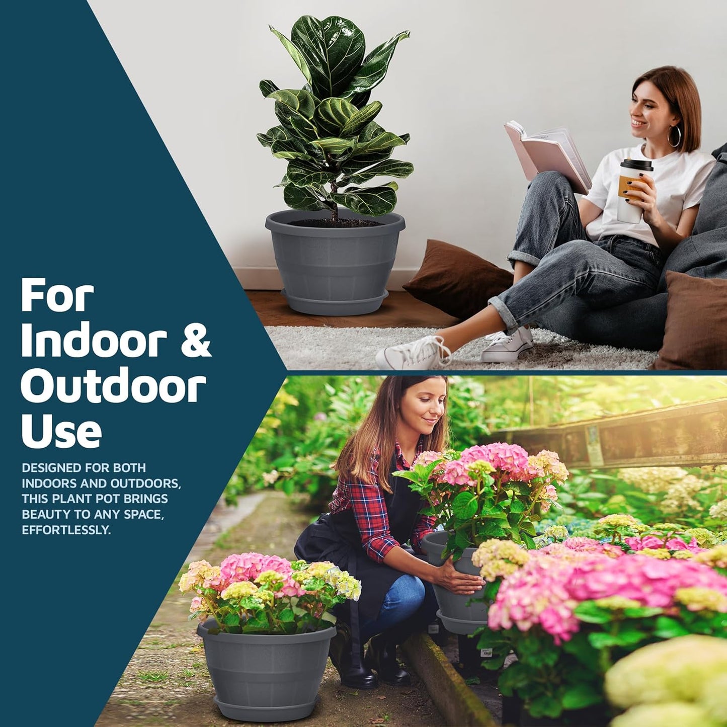 10-Inch Whiskey Barrel Planters Outdoor Pack of 2 - Durable Plastic Plant Pots for Indoor & Outdoor Use with Drainage & Saucer, Lightweight Rustic Barrel Planters for Flowers, Herbs & Small Plants