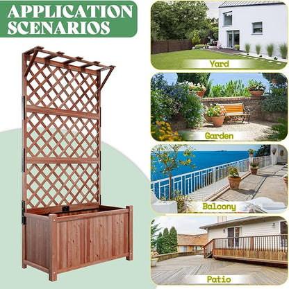 AMERLIFE Raised Garden Bed with Trellis for Vegetables, Climbing Plants, Durable Natural Wood Planter Box with Drainage Holes, Privacy Planter for Outdoor Yard & Patio, Easy Assembly