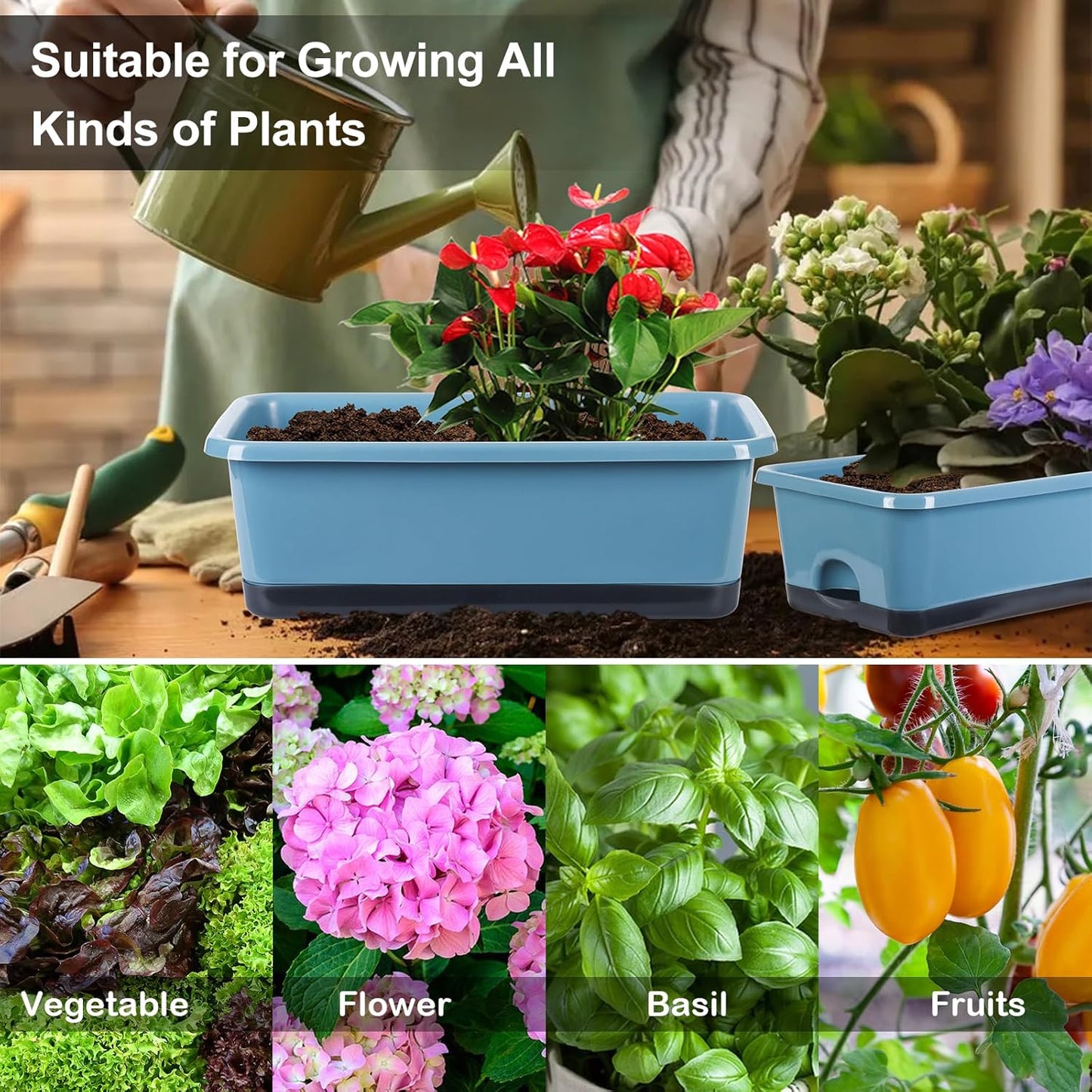 Window Box Planter 6 Pcs, 17 Inches Rectangle Flower Pots with Drainage Holes and Trays, Vegetable Planters for Windowsill Patio Garden Balcony Home Indoor Outdoor (Blue, 18 * 10 * 6 inch)