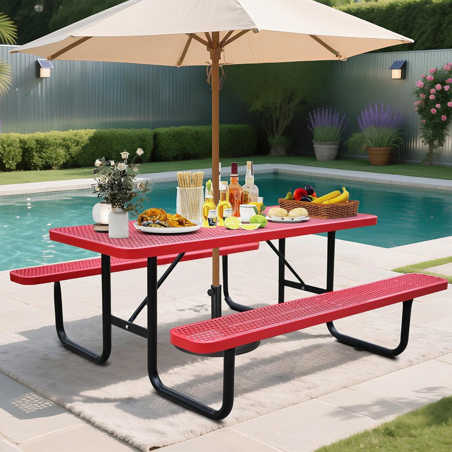 6FT Metal Picnic Tables for Outdoors, Commercial Rectangular Picnic Table and Bench Set for Outside, Patio, Garden, Backyard, Porch, Surface Mount, Red