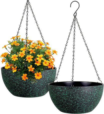 12 inch Large Hanging Planters for Indoor Outdoor Plants, 2 Pack Hanging Flower Pots with Drainage Holes and Chain, Plastic Hanging Baskets for House Plants, Black with Green Speckles