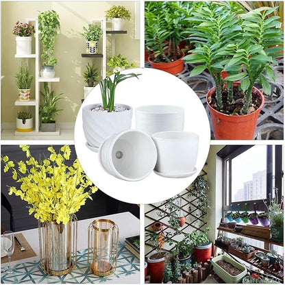 Plant Pots - 4.7 Inch Cylinder Ceramic Planters with Connected Saucer, Pots for Succuelnt and Little Snake Plants, Set of 4, White
