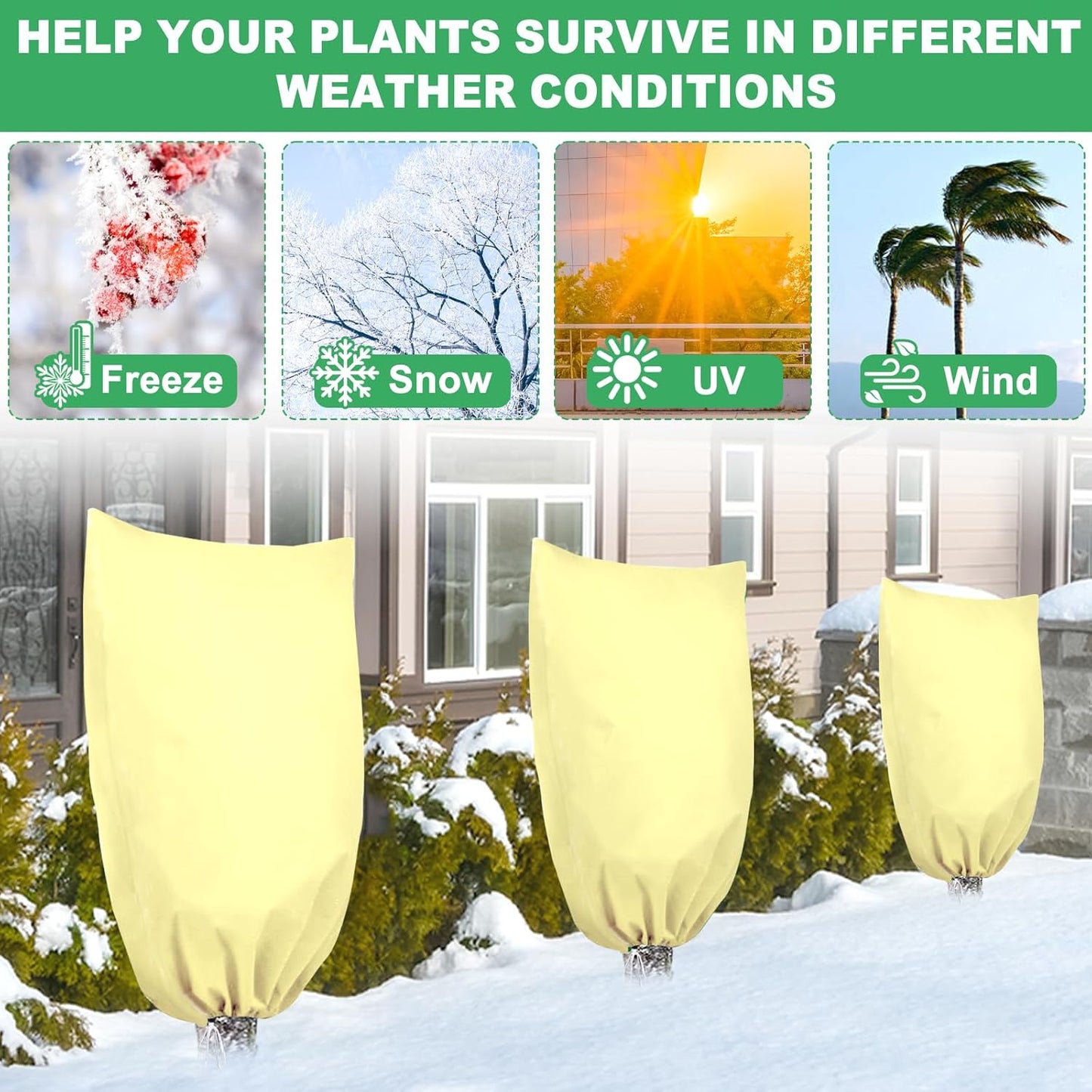 3 Pack Winter Plant Covers Freeze Protection, 23.6" x 31.4" Frost Covers for Outdoor Plants with Drawstring, Tree Covers for Winter Plant Frost Protection Covers, Shrubs Trees Jacket Covers