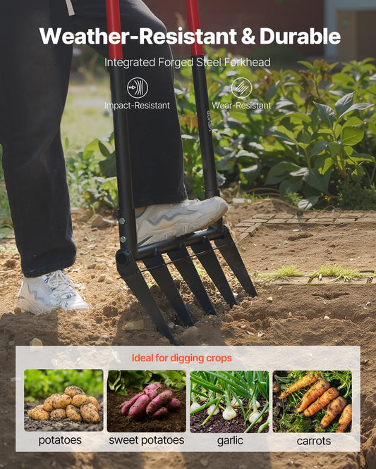 VEVOR Broad Fork, 5-Tine Pitchfork with Dual Fiberglass Handles, Heavy Duty Garden Fork, Ergonomic U-Shaped Design Broadfork Hand Tiller, Gardening Tool for Composting Transplanting Aeration