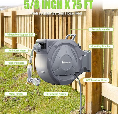 5/8" x 75 ft Retractable Hose Reel, Heavy Duty Retractable Garden Hose Reel Wall Mounted with 10-Pattern Hose Nozzle/Any Length Lock/Slow Return System/180°Swivel Bracket