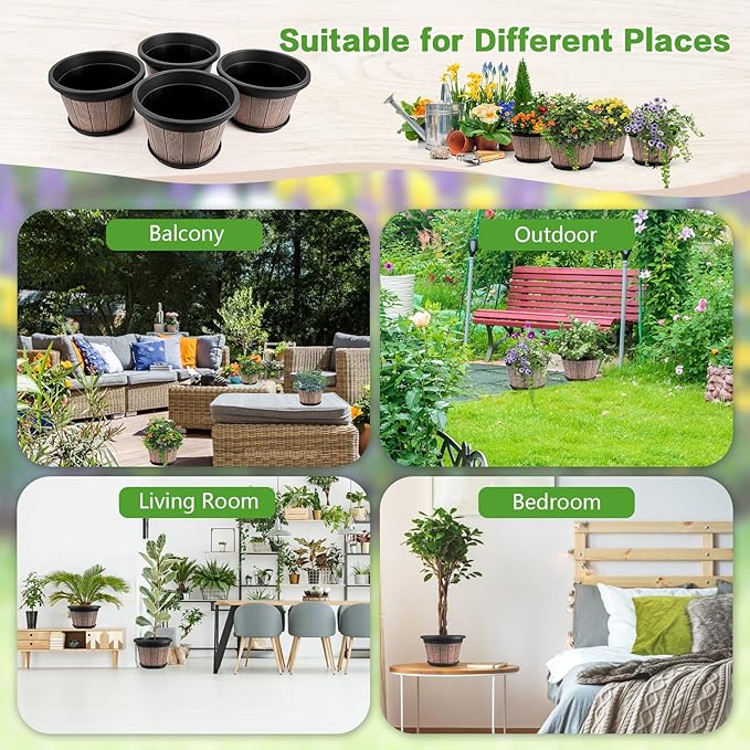 Quarut 4 Pack 8 inch Plant Pot,Upgrade Whiskey Barrel Planters with Drainage Holes & Saucer,Plastic Decoration Flower Pots Retro Design,Planters for Outdoor Indoor Garden Home Plants (Brown)
