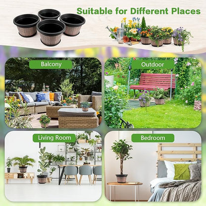 Quarut 4 Pack 8 inch Plant Pot,Upgrade Whiskey Barrel Planters with Drainage Holes & Saucer,Plastic Decoration Flower Pots Retro Design,Planters for Outdoor Indoor Garden Home Plants (Brown)