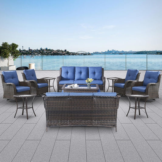 Wicker Patio Furniture Sets - 13 Piece Outdoor Rattan Furniture Conversation Sets with 4 Swivel Rocker Chairs, 2 Rattan Sofas, Wicker Ottomans and Coffee Table, Brown/Blue