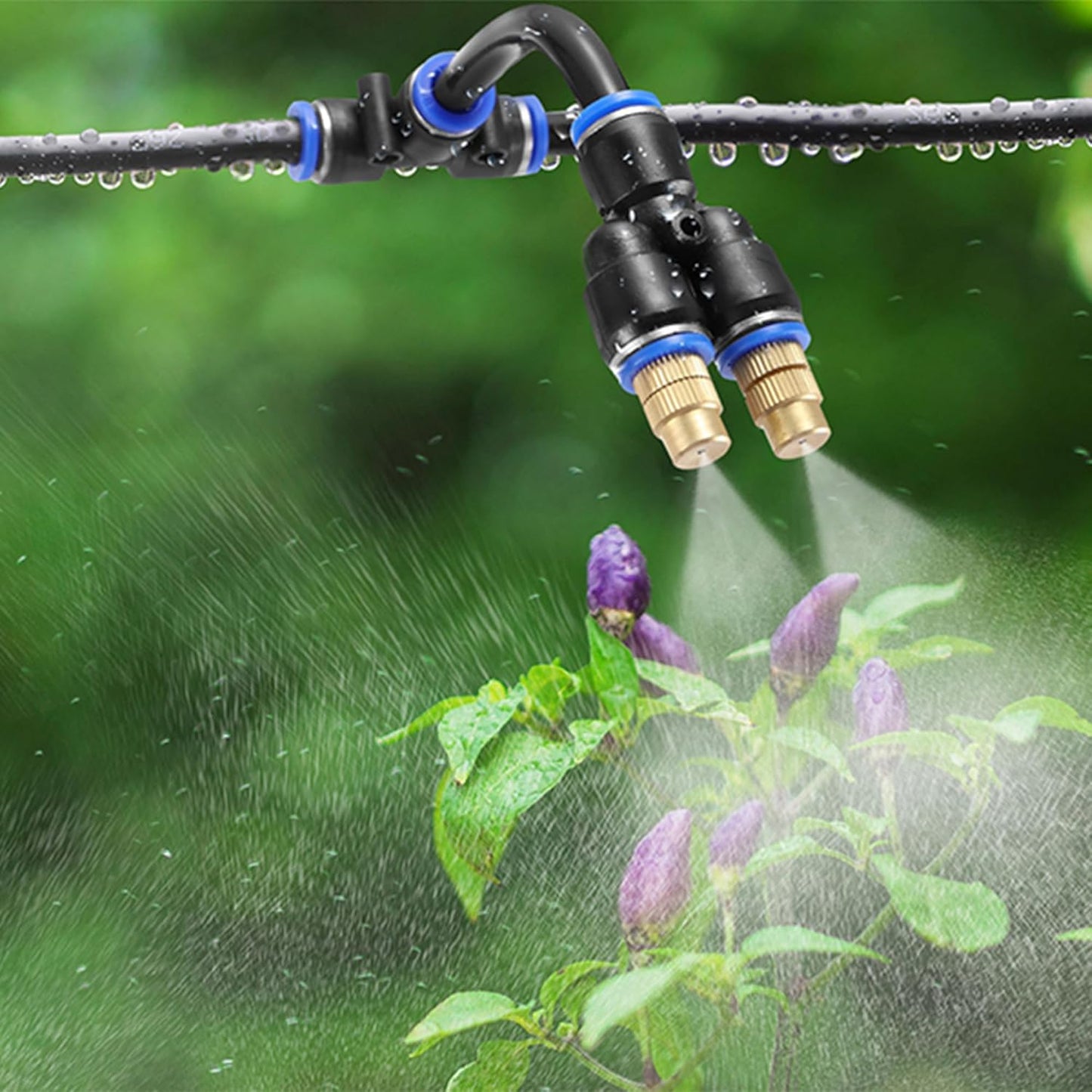 Mornajina 3Packs 2 Way Brass Misting Nozzles Tee with 5inch Built in Hose for Outdoor Cooling System, Adjustable 360° Rotation, Water Mister Nozzles Thread Sprayer 0.043" (1.1 mm)