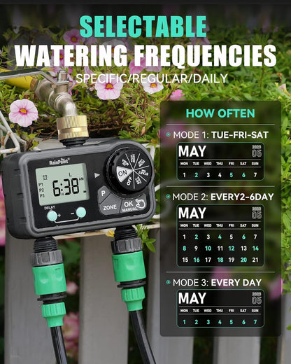 RAINPOINT Brass Sprinkler Timer 2 Stations, Large Digital Water Timer for Garden Hose with 6 Programmable Procedure, with Delay/Manual/Auto Irrigation Mode for Week/Specific/Daily Watering