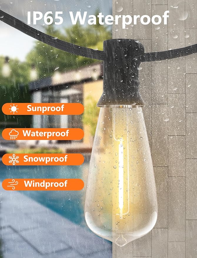 LED Patio String Lights 20Ft with 22 ST40 LED Edison Bulbs, Waterproof Outdoor Hanging Lights for Porch, Deck, Garden, Backyard, E17 Base, 2700K Dimmable, Vintage String Lights- Black Wire