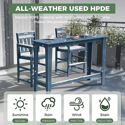 HDPE Outdoor Patio Bar Set with High Top Table and 2 Adirondack Chairs, All-Weather Bar Height Outside Rectangular Pub Furniture for Bistro, Garden, Backyard, Deck | 3-Pieces, Navy Blue
