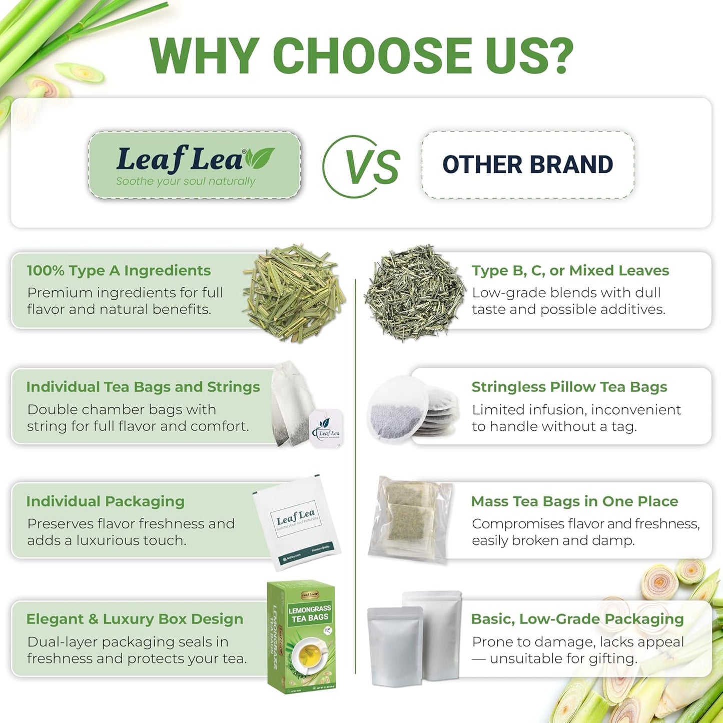 LeafLea Lemongrass Tea Bags, 40 Count, 100% Natural Lemongrass Leaves, Te Limon Grass, Te de Limoncillo Herbal Tea with Smooth Light Aroma, Sugar-Free, Caffeine-Free, Non-GMO, Vegan Friendly