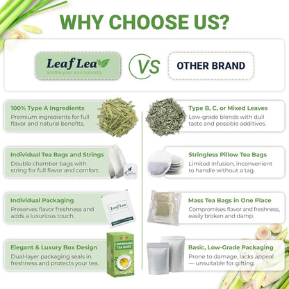 LeafLea Lemongrass Tea Bags, 40 Count, 100% Natural Lemongrass Leaves, Te Limon Grass, Te de Limoncillo Herbal Tea with Smooth Light Aroma, Sugar-Free, Caffeine-Free, Non-GMO, Vegan Friendly