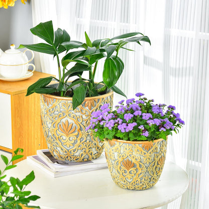 Sungmor Large Heavy Duty Cement Planters, Beautiful Embossed Concrete Garden Pots, 8" & 10" Set of 2 Plant Pots with Drainage Hole, Home Garden Decorative Flower Pots for Indoor Outdoor Plants Floral