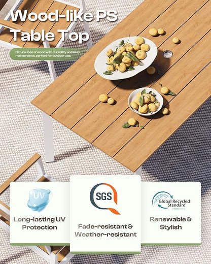 67" Rectangle HDPS Patio Dining Table, Aluminum Outdoor Patio Dining Table with Umbrella Hole, Weather-Resistant for Lawn, Garden, Yard, Poolside and Indoor Use, White & Teak