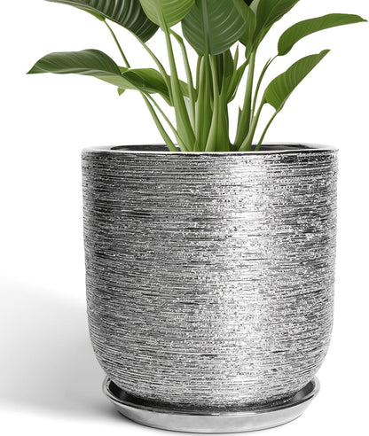 12 Inch Plant Pot - Ceramic Planter for Indoor Outdoor Plants, Modern Round Decorative Flower Pot with Drainage Hole and Saucer, Housewarming Gifts, Home Patio Decor, Silver