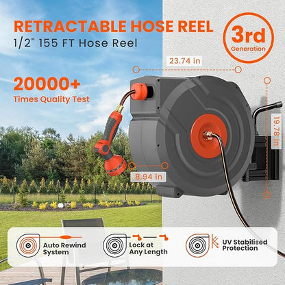 3rd Generation Retractable Garden Hose 155 ft x 1/2 inch Heavy Duty Wall-Mounted Hose Reels 180° Swivel Automatic Slow Return Any Length Lock 9 Pattern Nozzle UV Resistant (Black)
