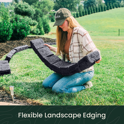 Beuta Landscape Edging | Garden Edging Border | Faux Stone Blocks for Lawn Edging, Flower Beds & Yard Edging – 1 Pack | Each Section Has 6 Blocks 48" L x 4" W x 6.5" H | 2 Spikes | Charcoal
