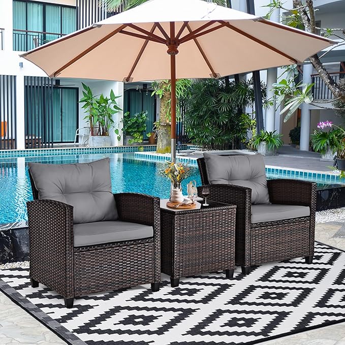 KOTEK 3 Piece Patio Furniture Set, Outdoor Conversation Set with Washable Cushions & Tempered Glass Tabletop, PE Rattan Wicker Bistro Set for Porch, Garden, Balcony (Grey)