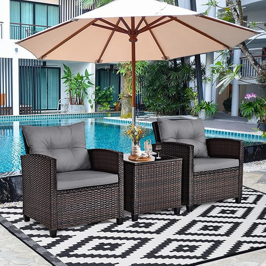 KOTEK 3 Piece Patio Furniture Set, Outdoor Conversation Set with Washable Cushions & Tempered Glass Tabletop, PE Rattan Wicker Bistro Set for Porch, Garden, Balcony (Grey)