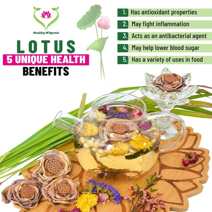 Lotus Flower Tea – Dried Whole Blossom – Antioxidant Rich Herbal Tea for Teapot, Tea Infuser, Tea Cups – Delicious Intense Flavor – No Caffeine, Low Calorie (5 Lotus Packs)