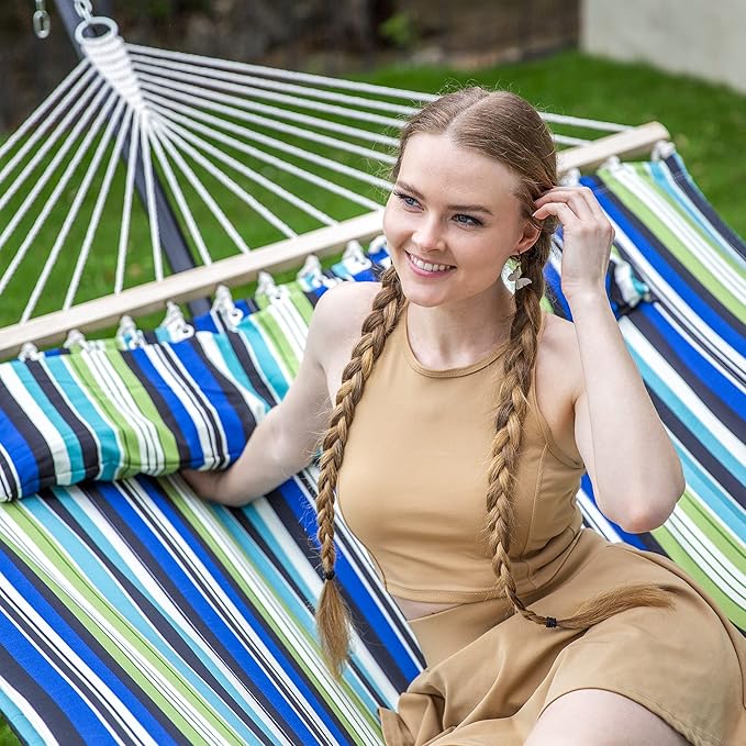 SUNCREAT Hammock with Stand 2 Person Heavy Duty, Freestanding Hammock with Spreader Bar, Soft Pillow, Green Stripes