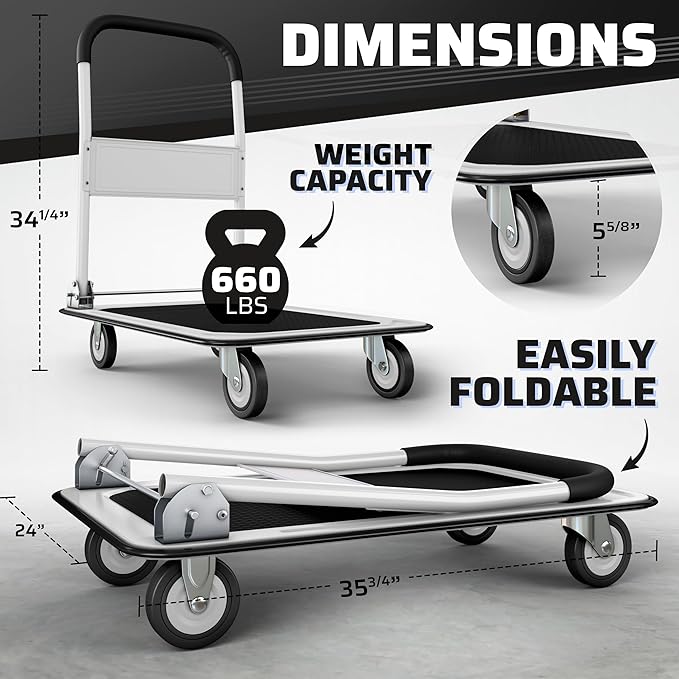 Upgraded Foldable Push Cart Dolly | 330 lbs. Capacity Moving Platform Hand Truck | Heavy Duty Space Saving Collapsible | Swivel Push Handle Flat Bed Wagon (White, 660 lbs. Capacity)