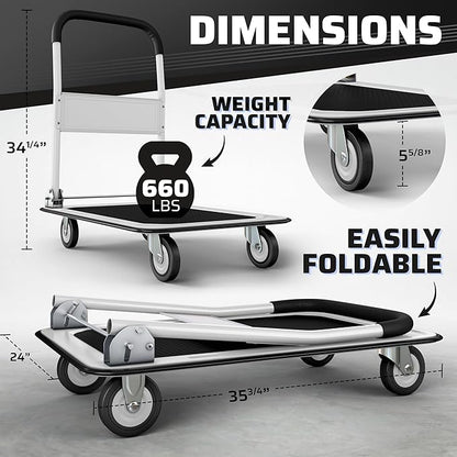 Upgraded Foldable Push Cart Dolly | 330 lbs. Capacity Moving Platform Hand Truck | Heavy Duty Space Saving Collapsible | Swivel Push Handle Flat Bed Wagon (White, 660 lbs. Capacity)