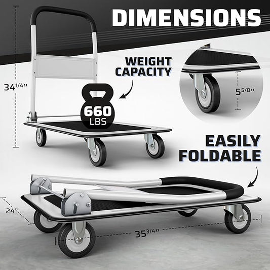 Upgraded Foldable Push Cart Dolly | 330 lbs. Capacity Moving Platform Hand Truck | Heavy Duty Space Saving Collapsible | Swivel Push Handle Flat Bed Wagon (White, 660 lbs. Capacity)