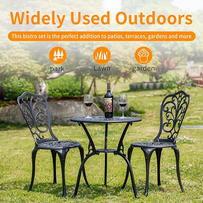 Patio Bistro Set 3 Piece Outdoor,Cast Aluminum Outdoor Bistro Table and Chair Set of 2 with 1.97" Umbrella Hole,All Weather Bistro Table Set for Front Porch Set(Butterfly Black)