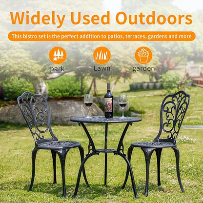 Patio Bistro Set 3 Piece Outdoor,Cast Aluminum Outdoor Bistro Table and Chair Set of 2 with 1.97" Umbrella Hole,All Weather Bistro Table Set for Front Porch Set(Butterfly Black)