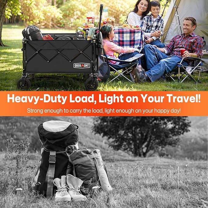 Overmont Ultra-Compact Collapsible Wagon Cart -200L Portable Folding Wagon with All-Terrain Wheels Utility for Beach, Grocery Shopping, Camping, and Gardening – 330lbs Load Capacity Black