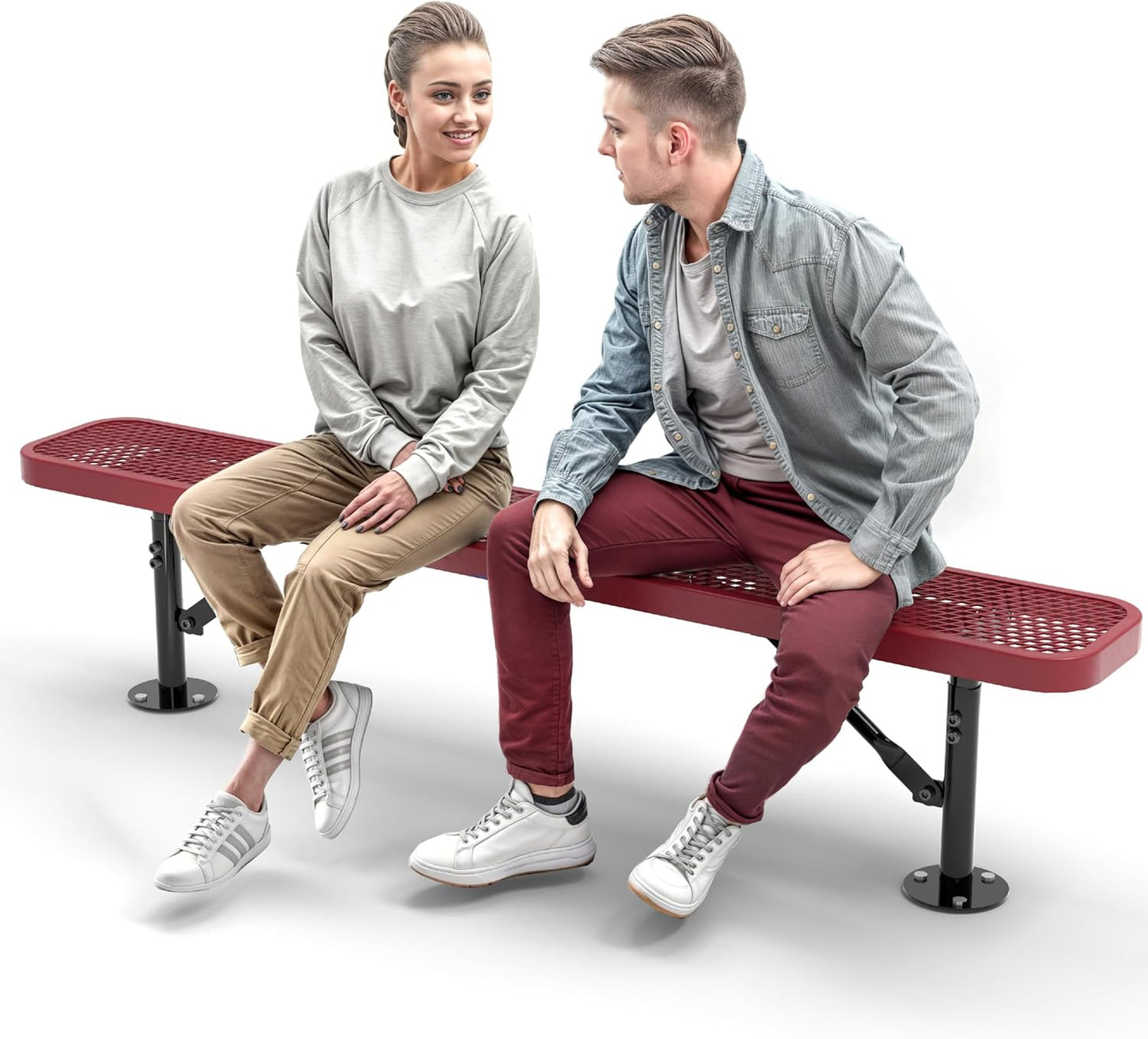 Heavy-Duty Outdoor Metal Bench, Thermoplastic-Coated, Surface, Weatherproof, Commercial-Grade for Parks, Gardens, Patios, Stores & More (6 Ft - Surface, Red)