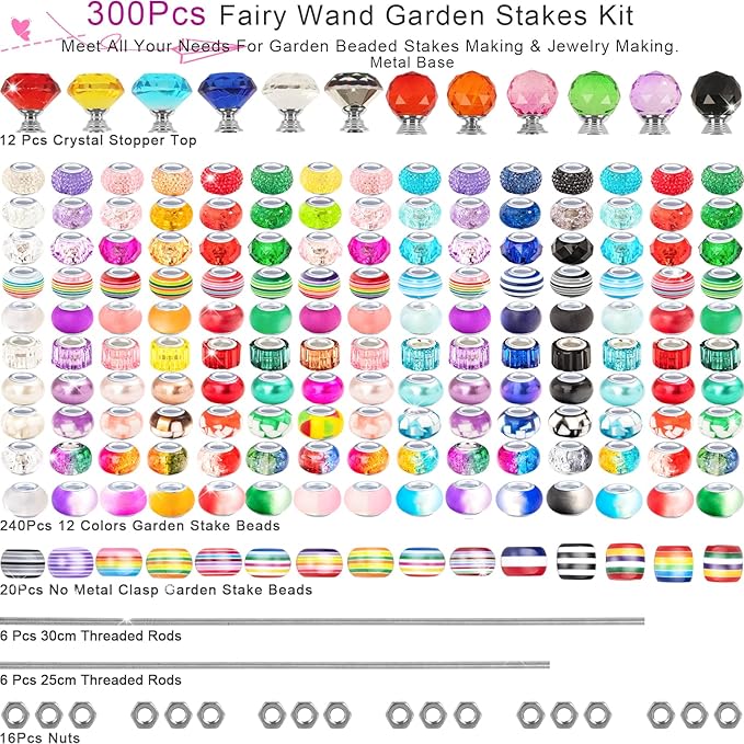 300 Pcs Garden Stakes Diy Fairy Wand Garden Stakes Kit, Colorful Large Hole Bead Crystal Diamond Stopper Top 12 Stainless Steel Threaded Rod Beaded Fairy Wands Supplies For Outdoor Beadable Decorative