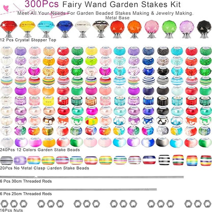 300 Pcs Garden Stakes Diy Fairy Wand Garden Stakes Kit, Colorful Large Hole Bead Crystal Diamond Stopper Top 12 Stainless Steel Threaded Rod Beaded Fairy Wands Supplies For Outdoor Beadable Decorative