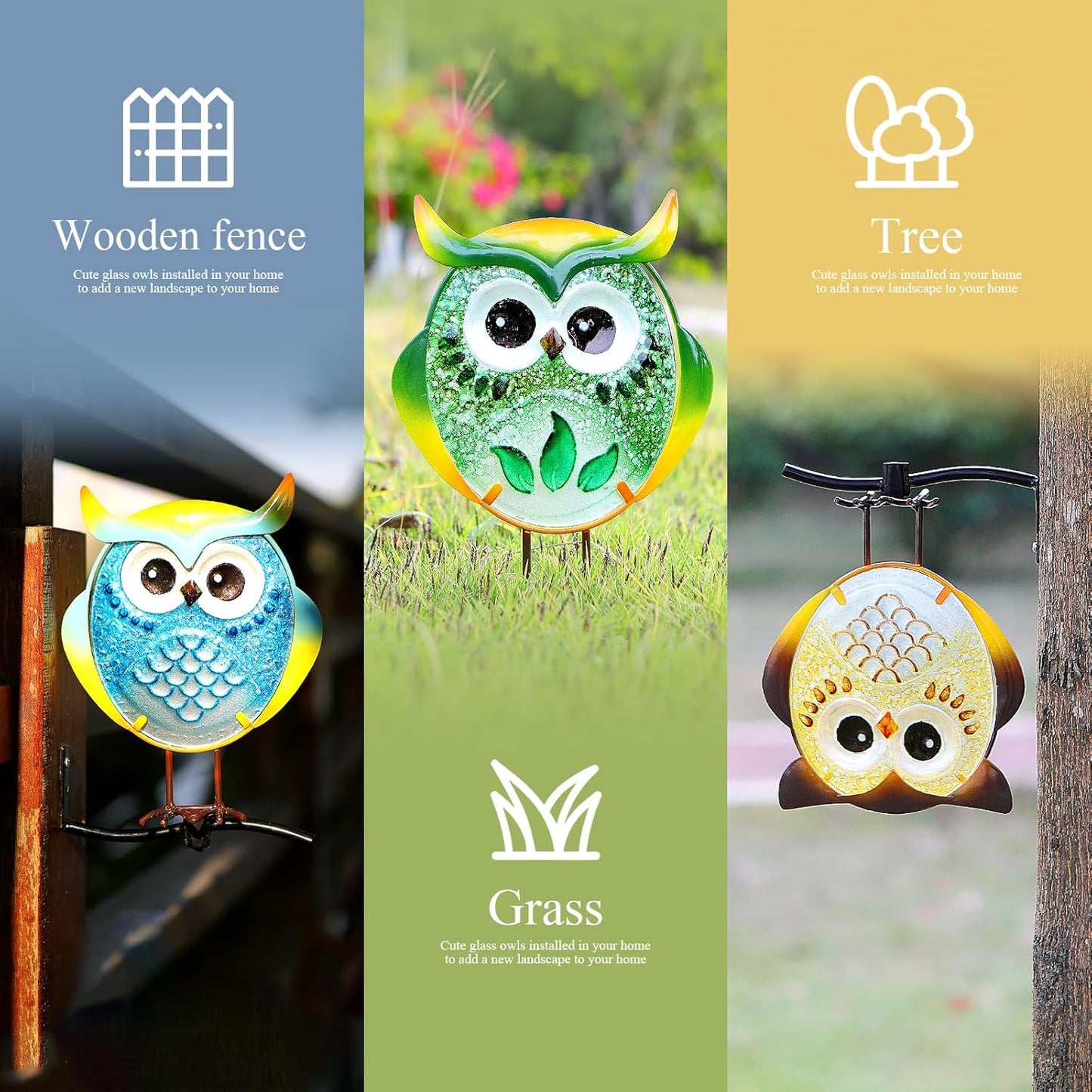 Owl Garden Decor for Outside, Stand & Tree Hugger Outdoor Owls Statues Yard Art Set of 3, Funny Metal & Glass Figurines Gifts for Grandma Mom Women