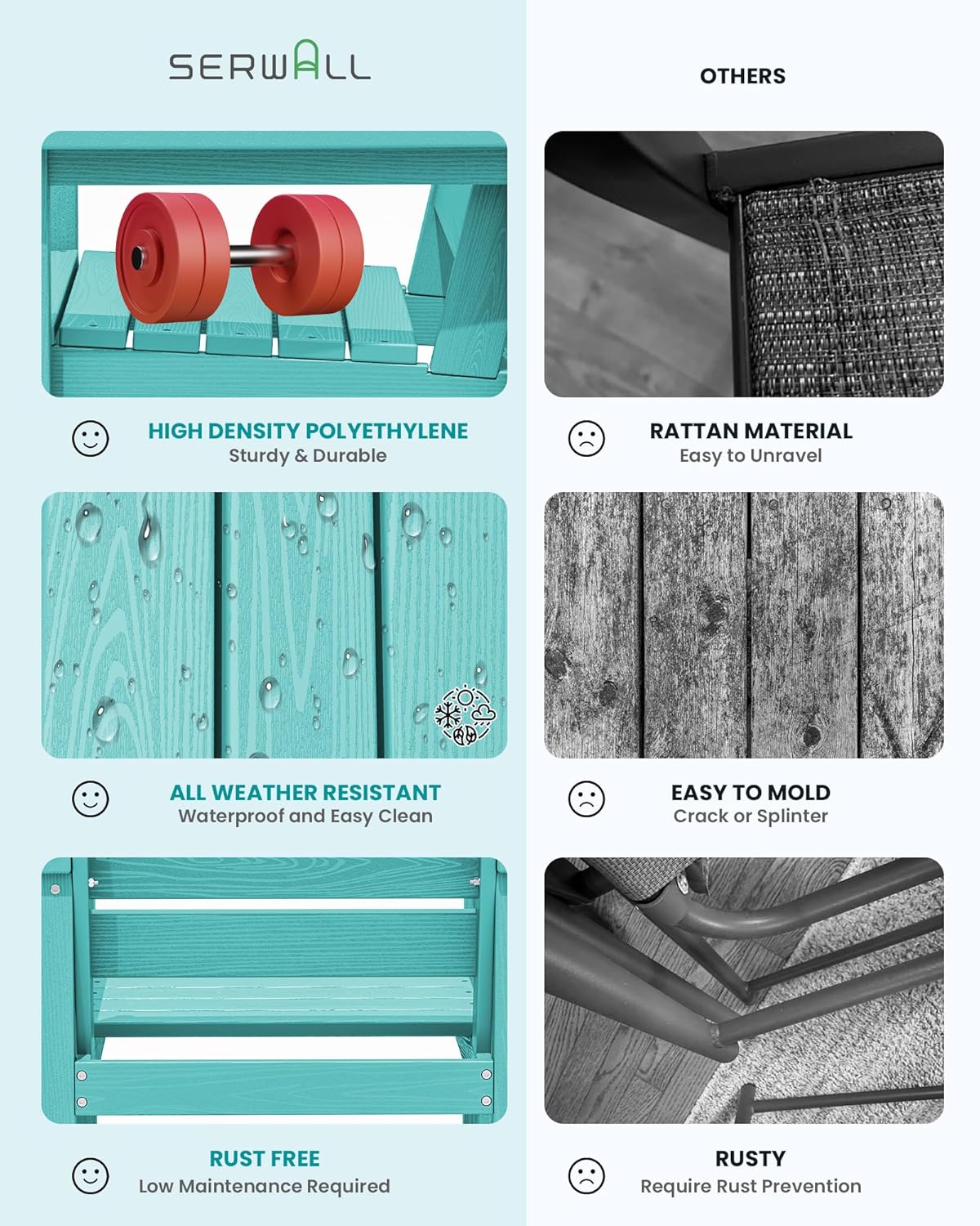 SERWALL 6-Person Outdoor Dining Table - 67" Rectangle HDPE Patio Table with Center Umbrella Hole, Weatherproof, Aruba