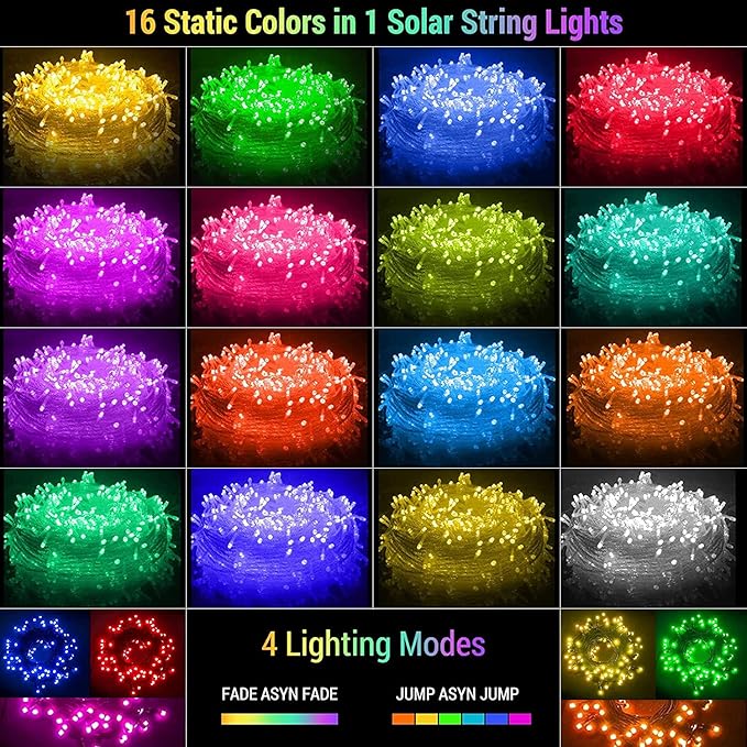 XEWEA Solar String Lights Outdoor, 40Ft 16 Colors 100 LED String Lights with 20 Modes Remote, Waterproof Solar Powered Lights for Garden Fence Paito Home Christmas Decorations