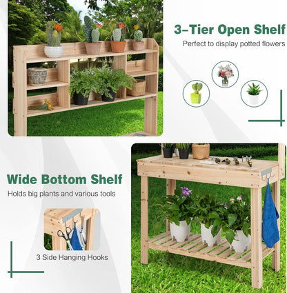 HAPPYGRILL Potting Bench Table, 60.5” Wood Garden Work Bench Workstation with Storage, Flip-Up Tabletop, Shelves & Hanging Hooks, Outdoor Garden Table for Patio, Lawn & Porch