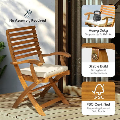 IDZO, Percy Chairs Heavy Duty 400lbs Capacity Set of 2 w/Cushion, FSC Acacia Outdoor Furniture, Teak Finish, Fully Assembled, Wood Folding_Beige