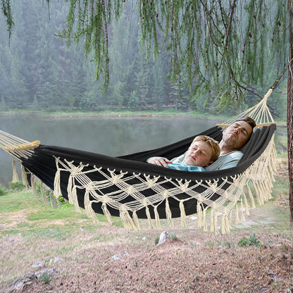 Hammock Hanging Swing Double Max 500lbs Macrame for Indoor Outdoor Patio Yard Garden (Black Gray)
