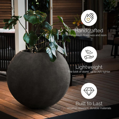 Orbo Globe Sphere Planter – Concrete Stone Finish – Fiberglass Indoor/Outdoor and Weather-Resistant Round Planter (23.6" D x 21.1" H Exterior, 23.2" D x 20.5" H Interior)