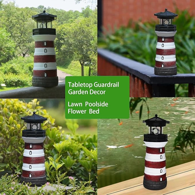 Solar Lighthouse with Rotating Beacon – Led Light House for Yard Garden Nautical Decor Lamp Outdoor Decoration Lawn Ornament Outside Statue Mother Day Gift for Mom